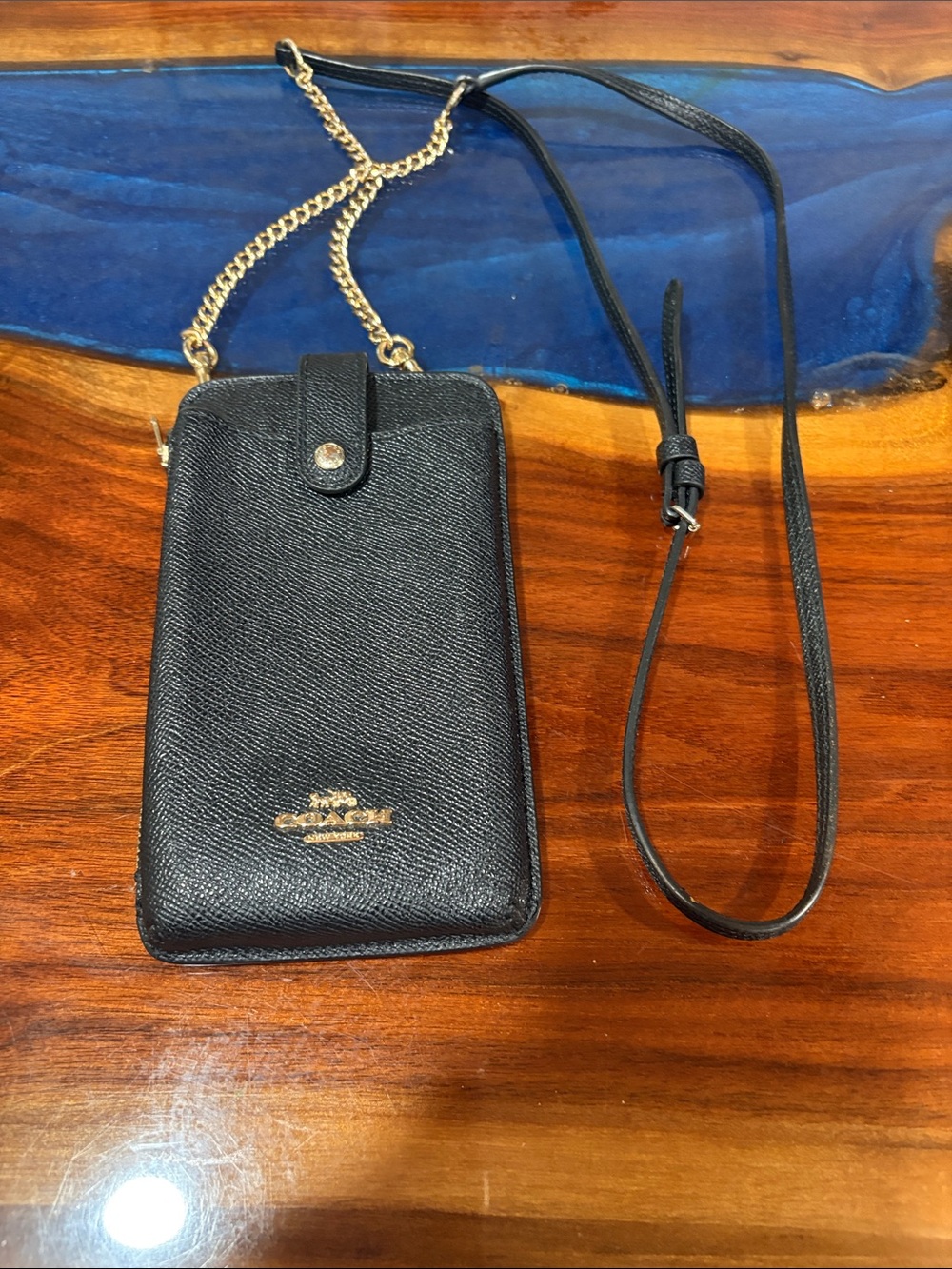 Coach Black Leather Phone Crossbody with Gold Chain Accent